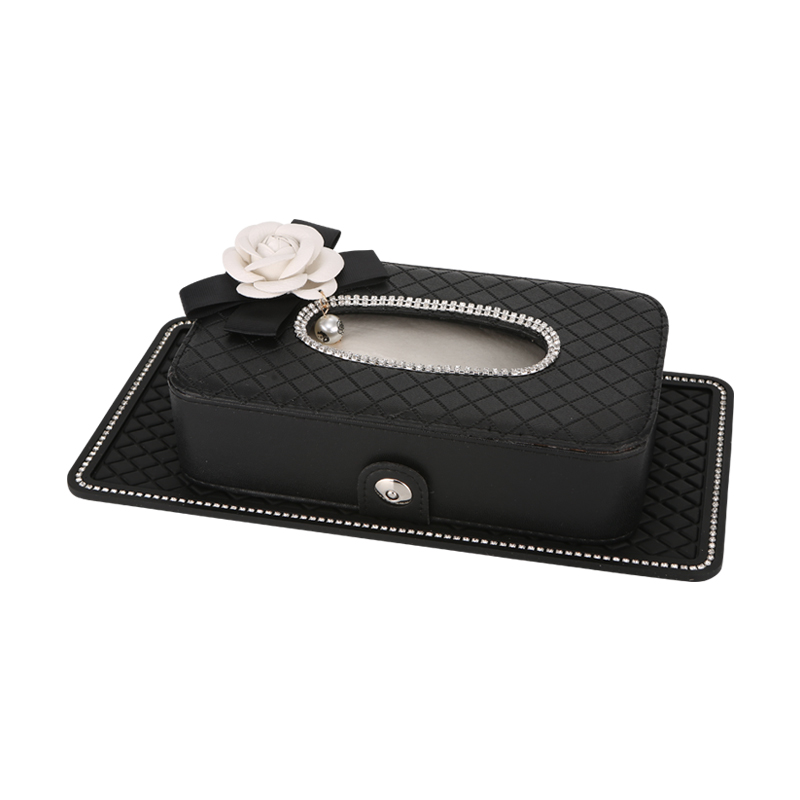 Tissue Box Crystal Camellia Flower Black Knitted Texture Pu Leather Auto Tissue Bag Seat Back Headrest Hanging Holder Case For Car Accessories