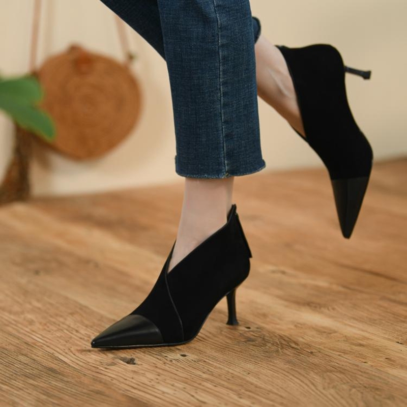 2024 Spring/Autumn Pointed Toe High Heel Shoes Sheep Suede Ankle For Women Solid Elegant Modern Boots 68