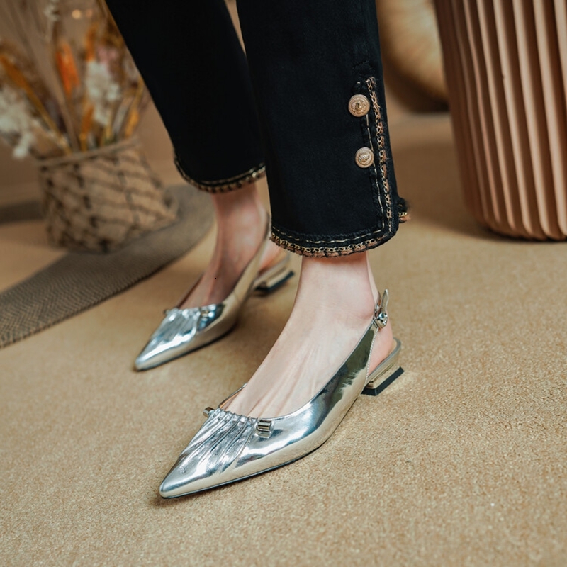 NEW Summer Genuine Leather For Women Pointed Low Heel Shoes Elegant Cover Toe Slingback Pleated Sandals 68