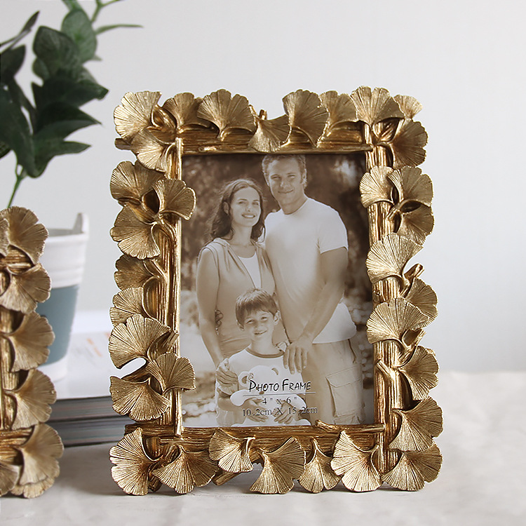 American Style Ginkgo Photo Frame, Gold Square Table, Modern Resin Painted, 4x6 Inch, Home Decoration H260306