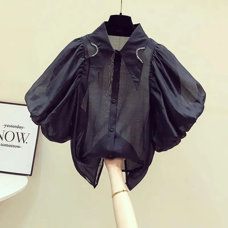 Doll Collar Hong Kong Style Diamond Lantern Sleeve Blouse Women White Shirts Camisas Casual Top Blusas Puff Short Shirt 240617