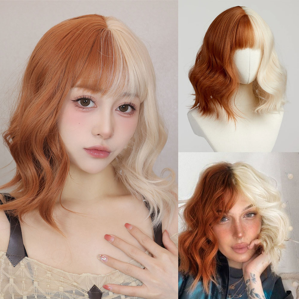 Short Wavy Blonde Copper Ginger Synthetic Natural Hair Wig with Bangs Halloween Costume Cosplay Wig Heat Resistant for Women d6575