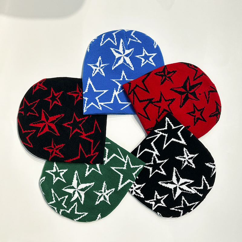 Autumn Winter Star Pentagram Knitted Vintage Men's and Women's Woolen Hip Hop Print Beanie Hat Outdoor Sports Warm Cap