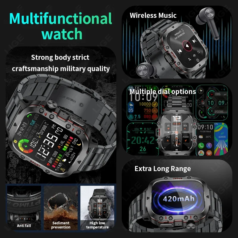 Military 2024 Smart Red Watch Men Outdoor Watches Lp68 Waterproof 2.01" Al Voice Bluetooth Call Smartwatch For ddmysmile Android Los Smile 2.01&q