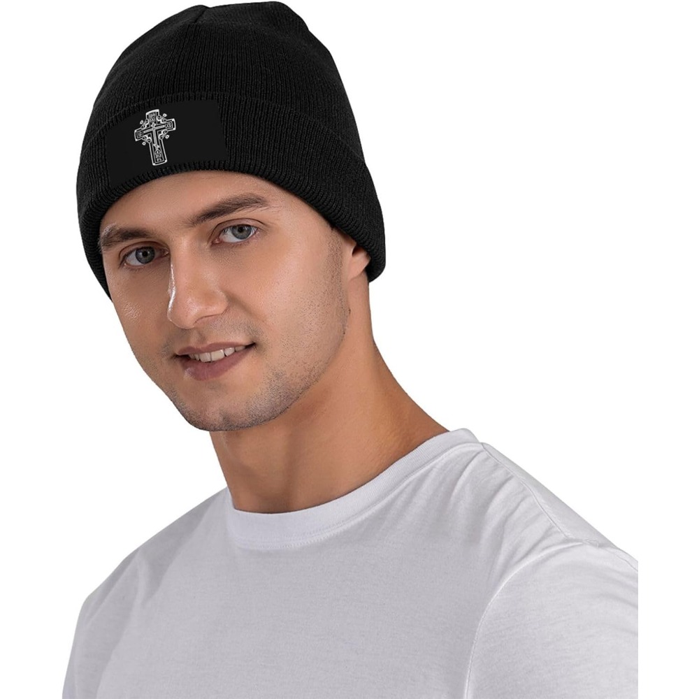 Beanie,Orthodox Christian Cross Beanie Women Skull Cap Men Knit Winter Slouchy Knitted Hat Black