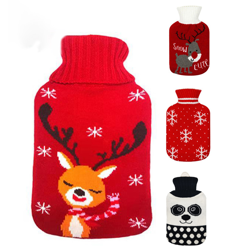 1set Heat Cold Therapy Christmas Warm Water Bottle Knitted Warm Cover Rubber Bag Hot Water Bottle Hand Warmer 1000ml Winter Warm