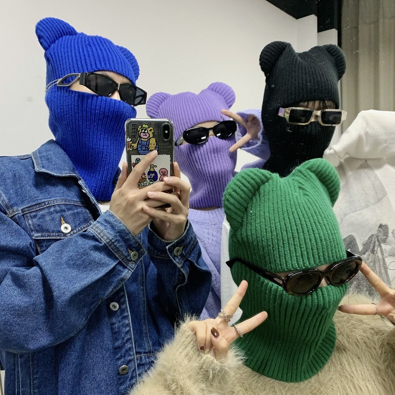 New Winter Demons Single Hole Balaclava Knitted Pullover Cap Unisex Windproof Bear Ears Warm Riding Integrated Scarf Beanie Hat