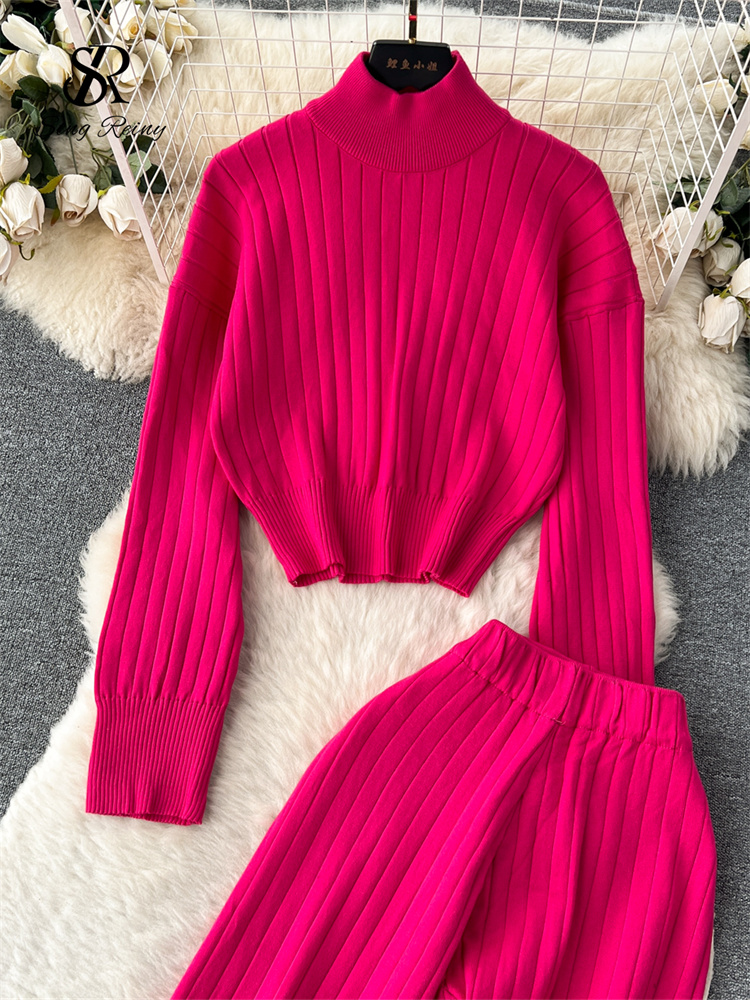 SINGREINY Winter Knit Two Pieces Suits Half High Collar Full Sleeve Pullover+Wide Legs Long Pants Women 2023 Senior Striped Sets a92b8