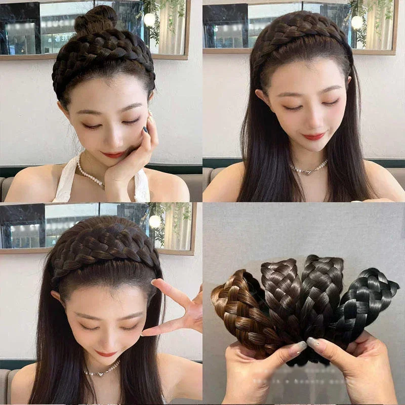 Women Fishbone Braid Hair Hoops Korean 4.5cm Width Headbands Artificial Handmade Wig Head Hoop Headwear Accessories