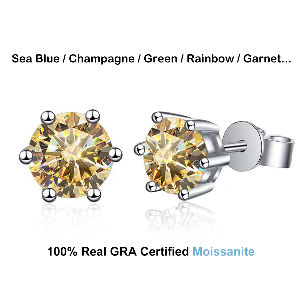 EWYA 100% Real 0.5 1 2ct Colored Moissanite Stud Earrings for Women 925 Sterling Silver Ear Studs Fine Jewelry Gifts Wholesale