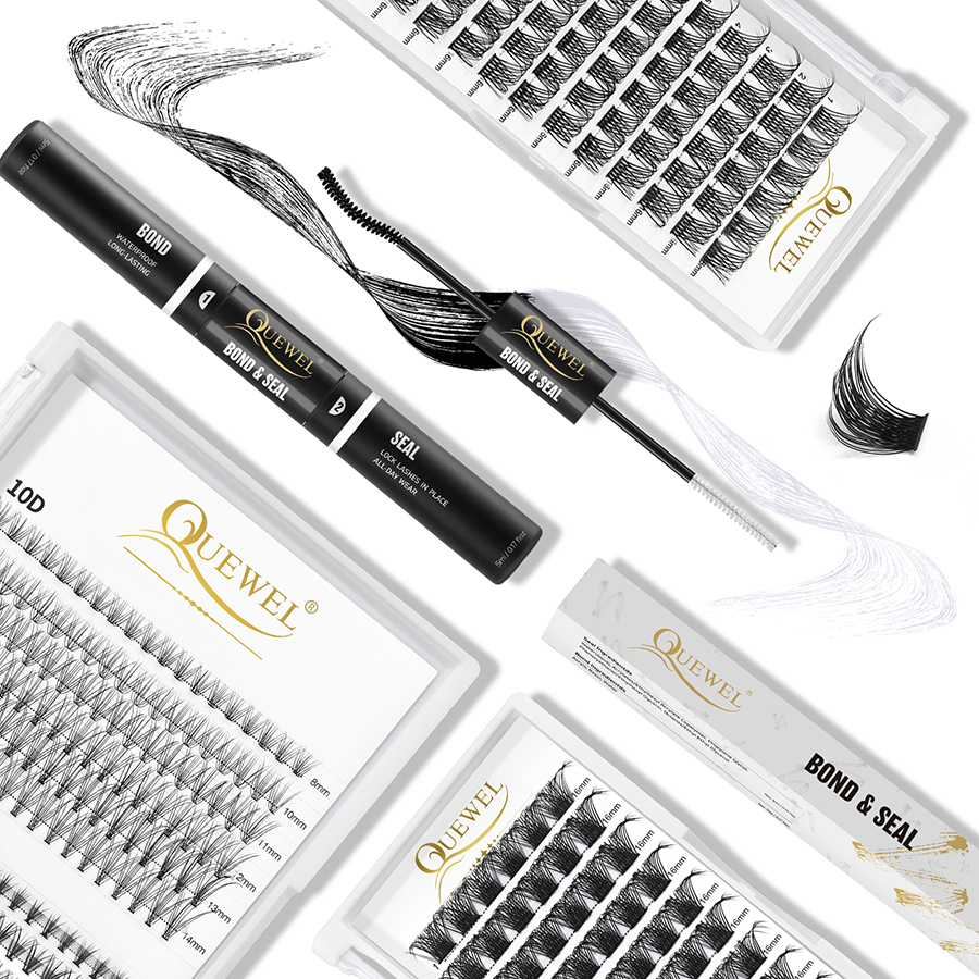 Quewel Lashes Clusters 72 Pcs DIY Eyelash Extensions Kit Bond and Seal Waterproof Long Lashting Segmented False Lash Glue Set