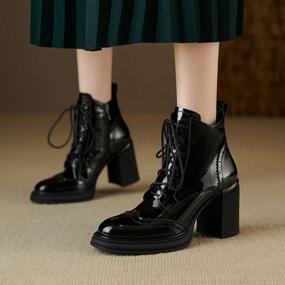 NEW Spring Round Toe Chunky Split Leather For Women High Heel Platform Boots Elegent Ladies Shoes 68