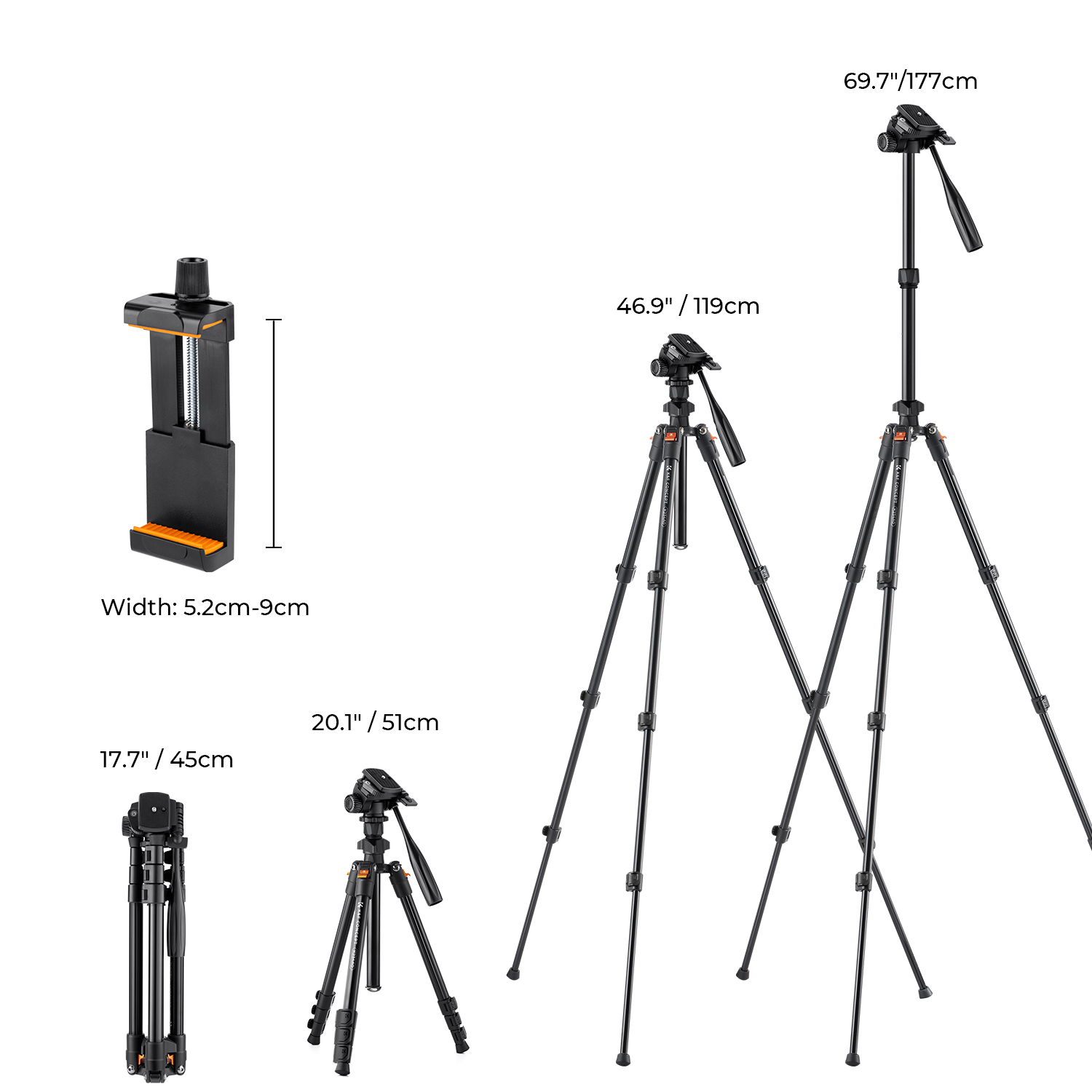 K&F Concept 64 /177cm Video Lightweight Portable Travel Tripod with 3-Way Swivel Pan Tilt Head for Phone SLR DSLR Camera