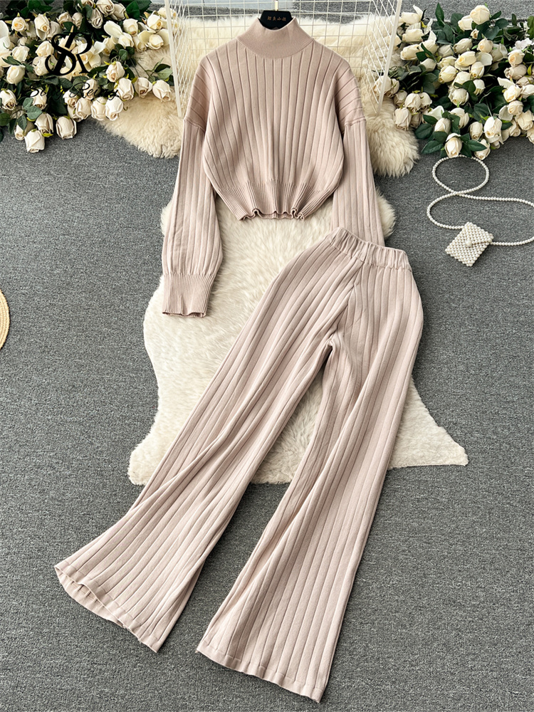 SINGREINY Winter Knit Two Pieces Suits Half High Collar Full Sleeve Pullover+Wide Legs Long Pants Women 2023 Senior Striped Sets a92b8