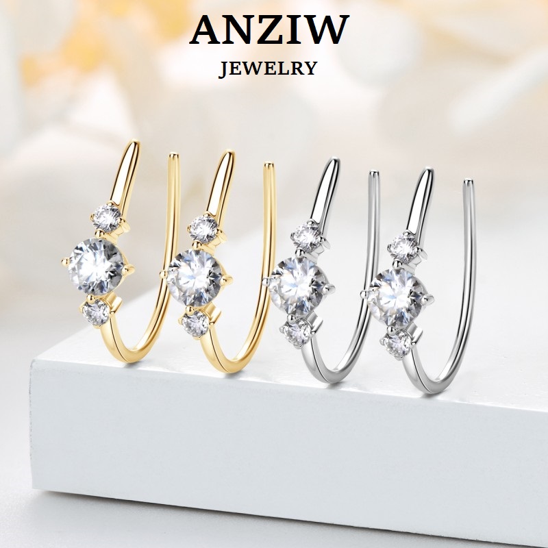 Anziw U shaped 3 Stone D0.72CT Moissanite Earrings Silver 925 Piercing Open Hoop Earrings for Women Certified Wedding Jewelry