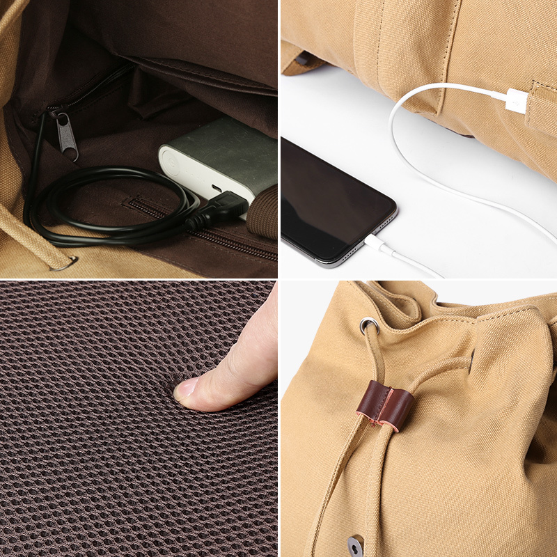Men's 14inch Laptop Backpack Vintage Canvas Unisex Travel Bags USB Charging Schoolbag Student Mochia fc898