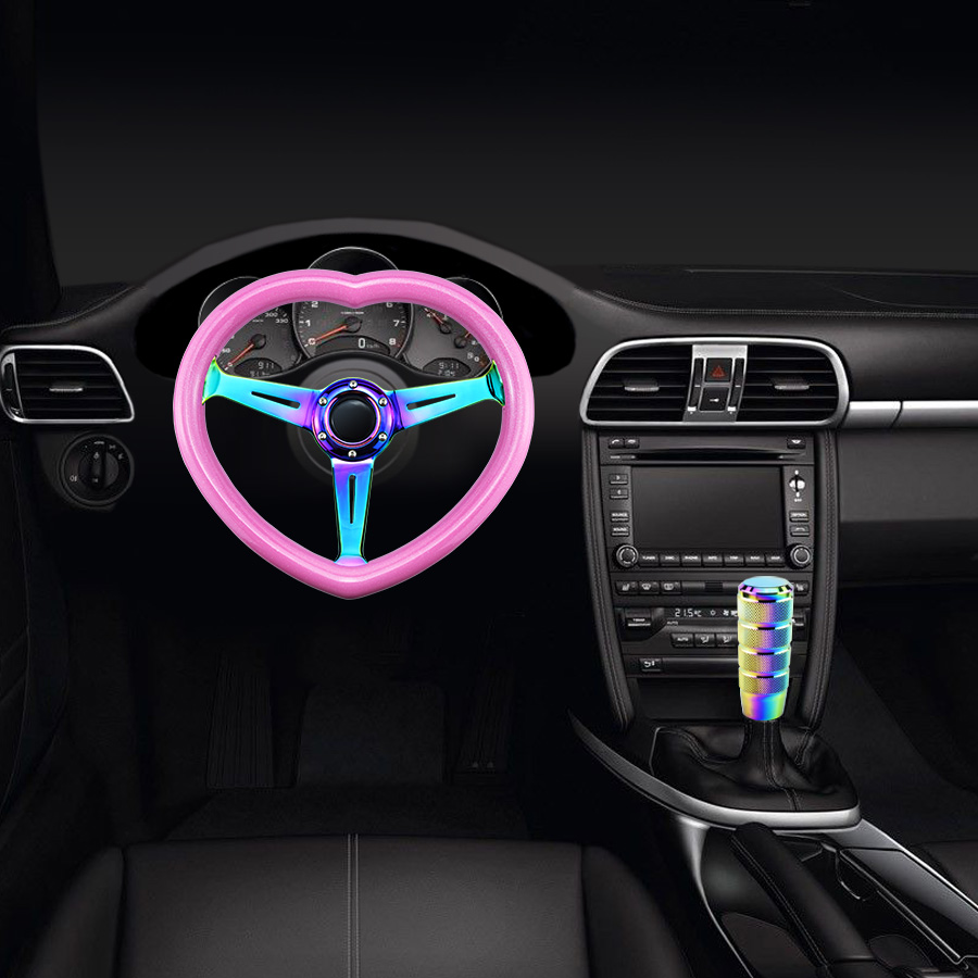 Pink Heart Shape JDM Drift Steering Wheel with Neo Chrome Frame and Heart Horn