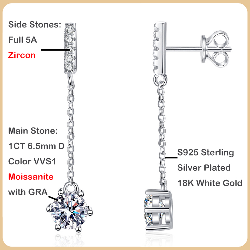 EWYA Luxury 100% Real D Color 1CT Moissanite Drop Earring for Women Girls S925 Silver Diamond Long Tassel Dangle Earrings Gift