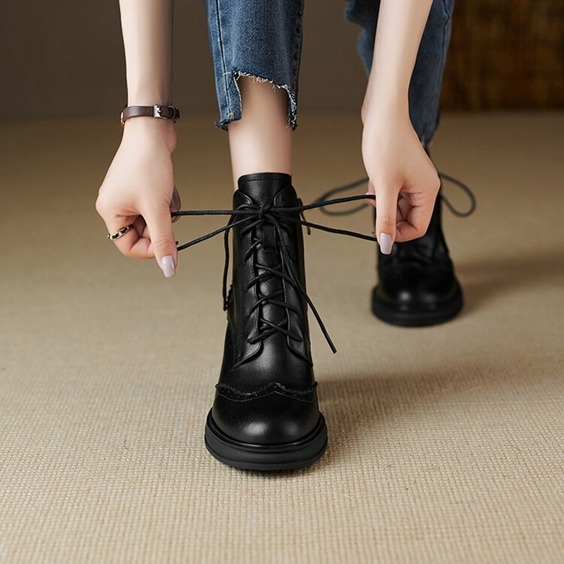 NEW Spring Round Toe Chunky Split Leather For Women High Heel Platform Boots Elegent Ladies Shoes 68