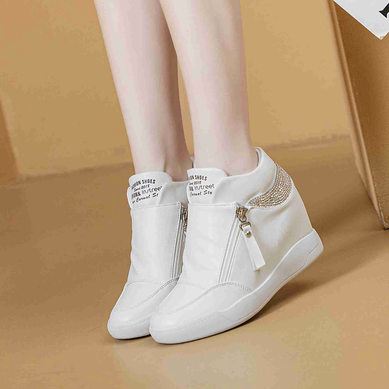 High Top Women Sneakers Hidden Heel Casual Shoes Side Zip Women White Platform Bling Dimond Wedge Rivet Shoes