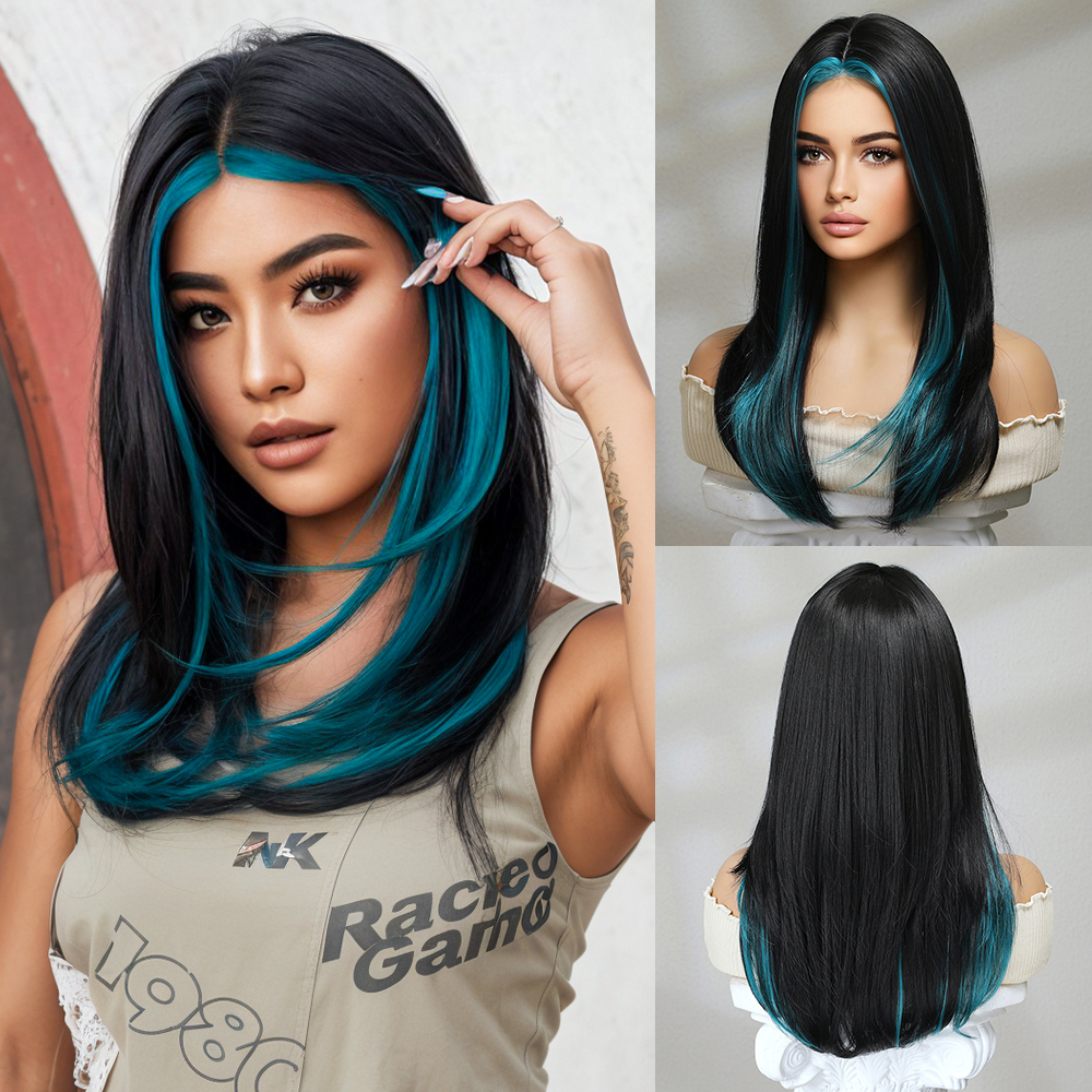 oneNonly Synthetic Wigs Long Black Green Wig for White Women Cosplay Daily Hair Heat Resistant 82c67