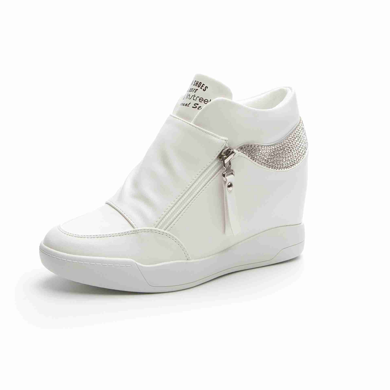High Top Women Sneakers Hidden Heel Casual Shoes Side Zip Women White Platform Bling Dimond Wedge Rivet Shoes
