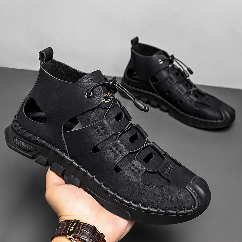 Summer White High-top Roman Sandals Men Gladiators Lace Up Buckle Leather Casual Shoes Breathable Beach Sandals Outdoor Slippers