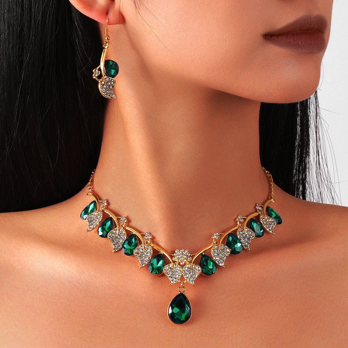 Crystal ddmysmile Women Black Flower Earring Necklace Jewelry Sets Gold Color Rhinestone Water Drop Vintage Wedding Bridal Jewelry Smile