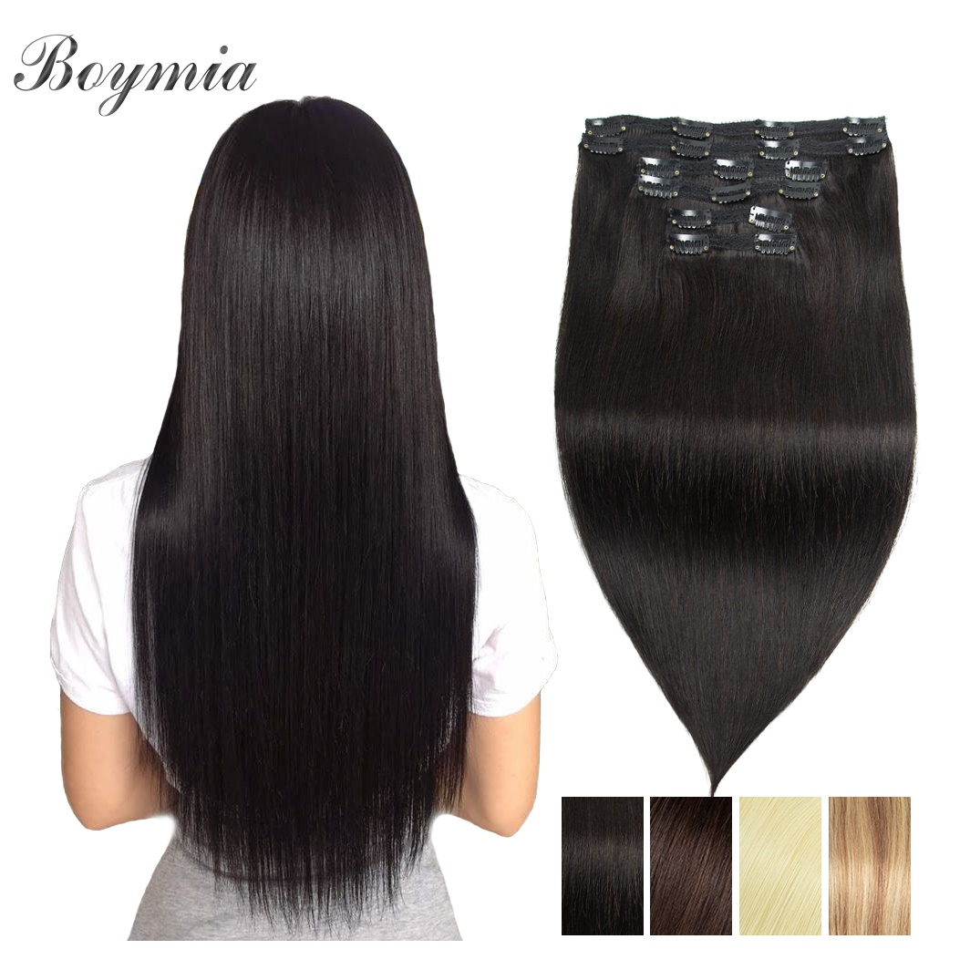 Boymia Clip In Human Hair Extensions Straight 16"-24" hine Remy Natural Blonde Clip In Full Head 6pcs Set Weft Hair Pieces 494a2