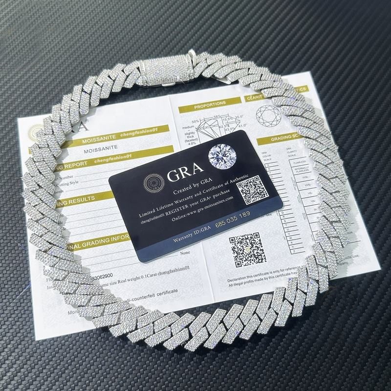 moissanite Cuban link chain necklace hip hop 3 row moissanite chain 20MM V gold iced out Diamond chains for women men prong chocker chain jewelry