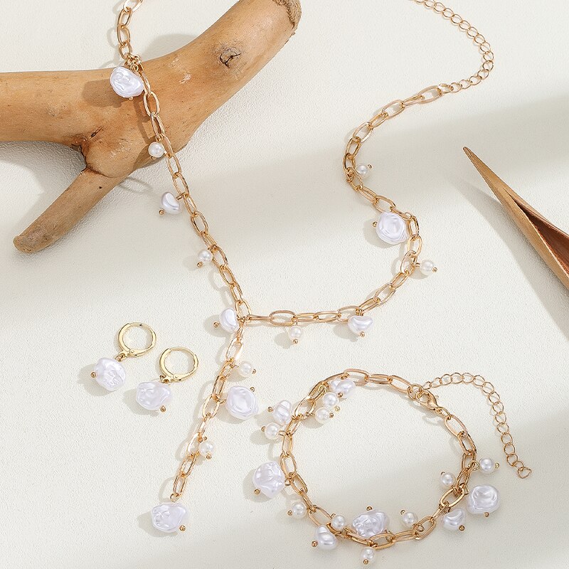 3PCS Vintage Imitation-Pearl Jewelry Set Korea Chain Choker Necklace Bracelet Hoop Earrings Woman Wed Bridal Jewelry Accessories 10b0b 5 3e9b3