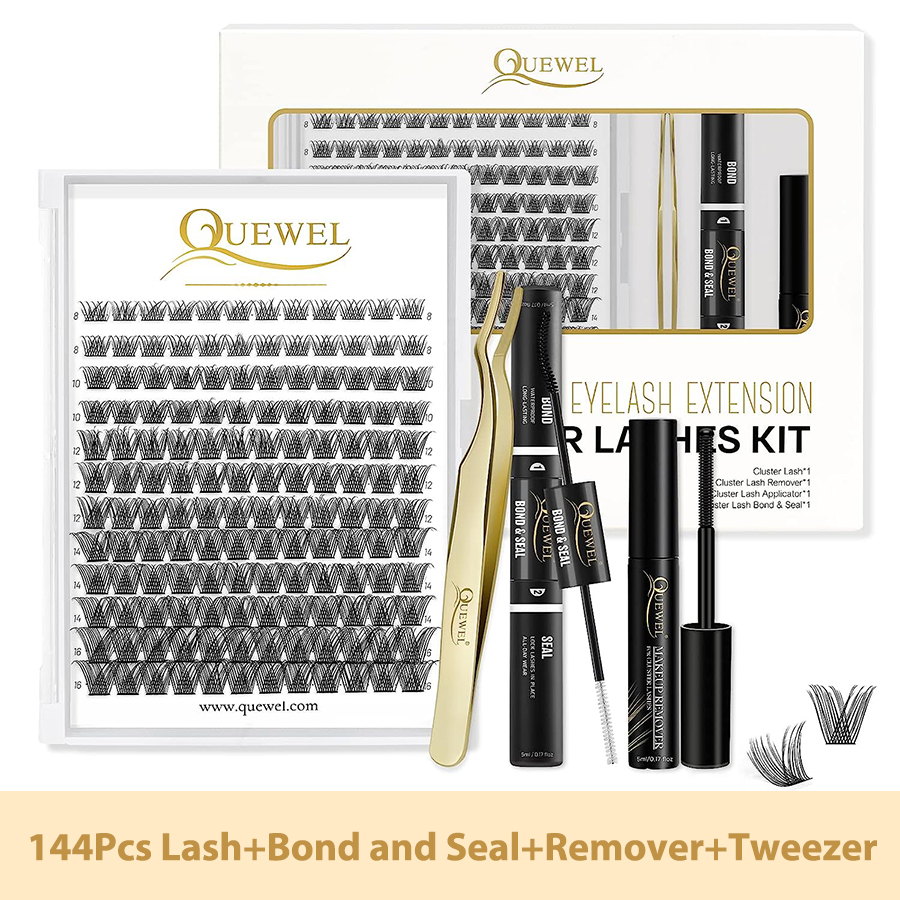Quewel Lashes Kit 144Pcs DIY Cluster Lashes Faux Mink Lash Bond and Seal Glue Waterproof Lash Glue Remover Golden Lashes Tweezer a8cfc 5 a1fab