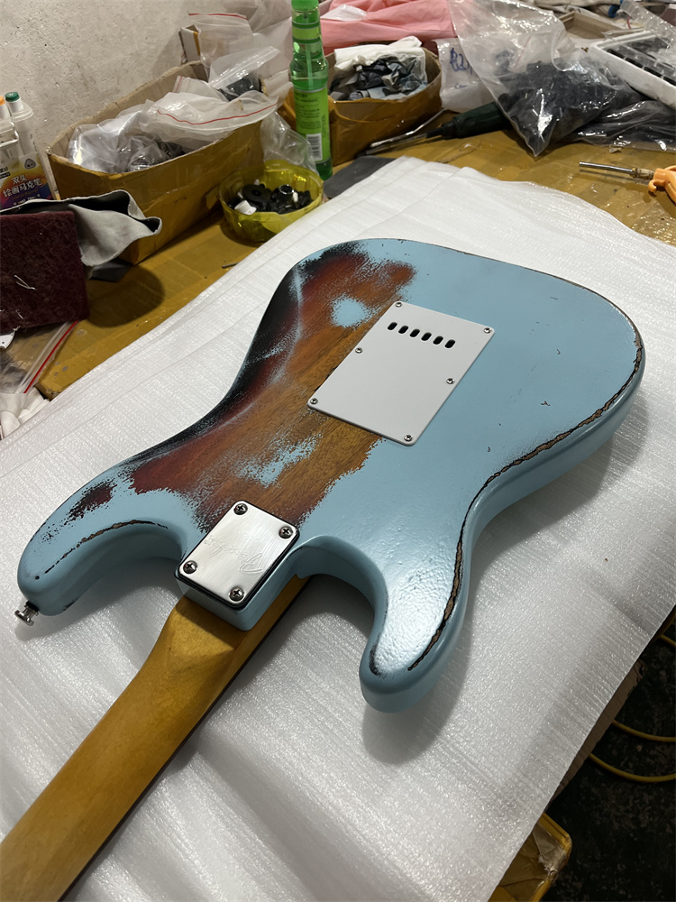 New 1959 Heavy Distressed Light Blue Over Sunburst Electric Guitar - Alder Body, Maple Neck, Aged Hardware, Nitro Lacquer Finish