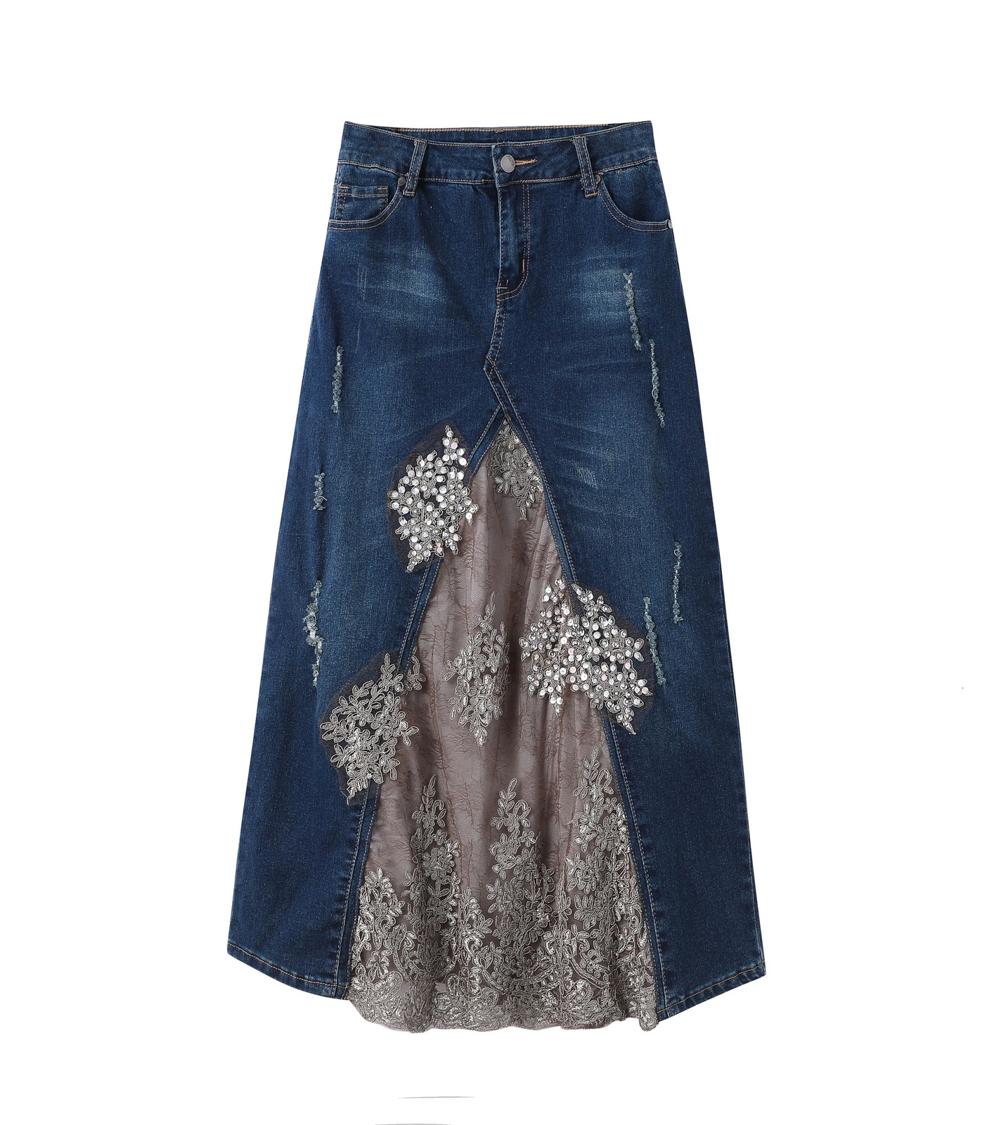 TIYIHAILEY Fashion Long Maxi Denim And Lace Patchwork Jeans Skirt Women Plus Size S-2Xl Summer Beaded Skirts 24
