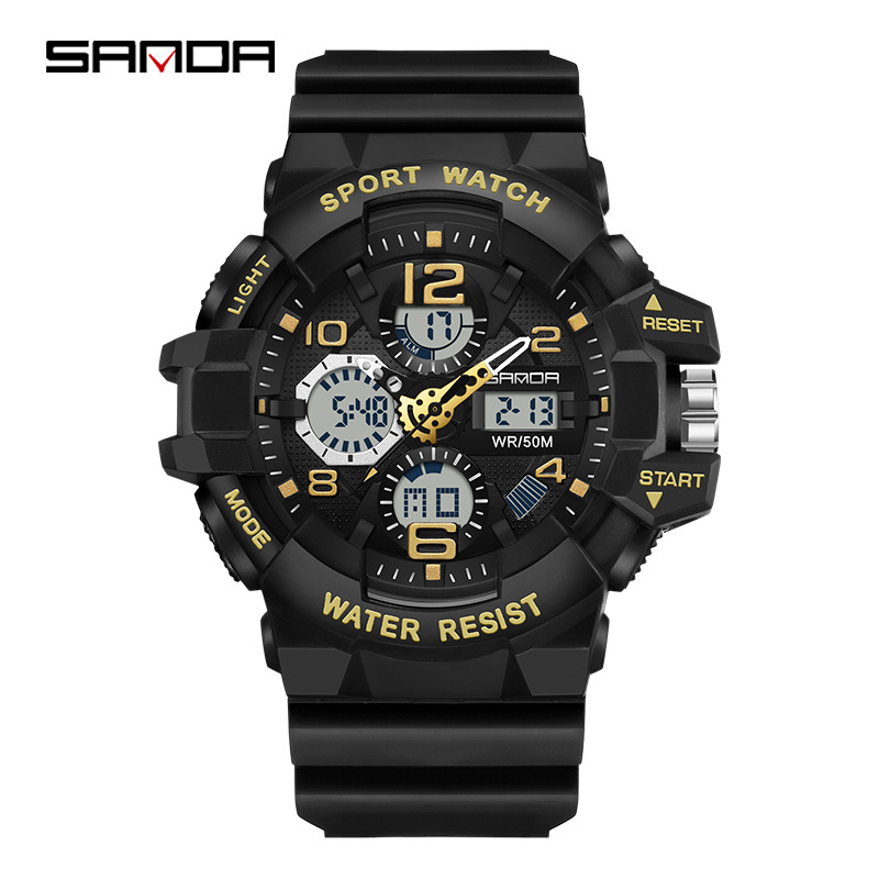 SANDA 3168 Trendy Men Led Analog Display Alarm Clock Mode Digital Quartz Movement 50M Waterproof Outdoor Sports Wrist Watch 1d232