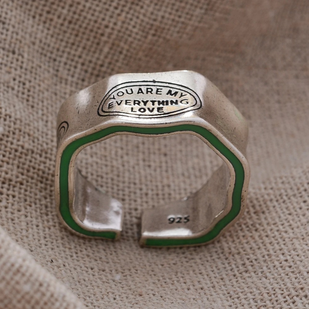 New Arrival Elegant Letter Carving Green Stripe Design Retro Thai Silver Female Finger Ring for Men Women Jewelry Gifts 2023