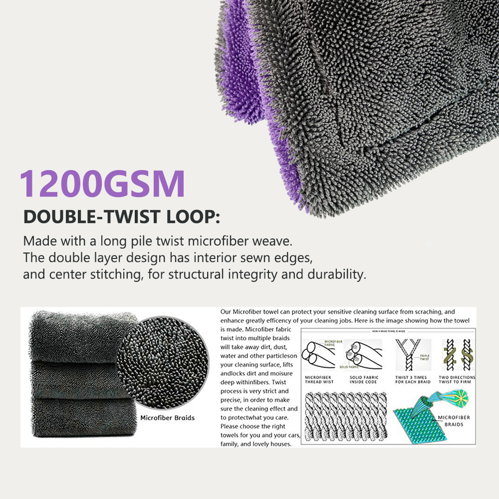 Detailing King 1200GSM Microfiber Double-Twist Loop Drying Towel Professional Ultra-Soft Car Drying Cloth Towels For Auto Detail