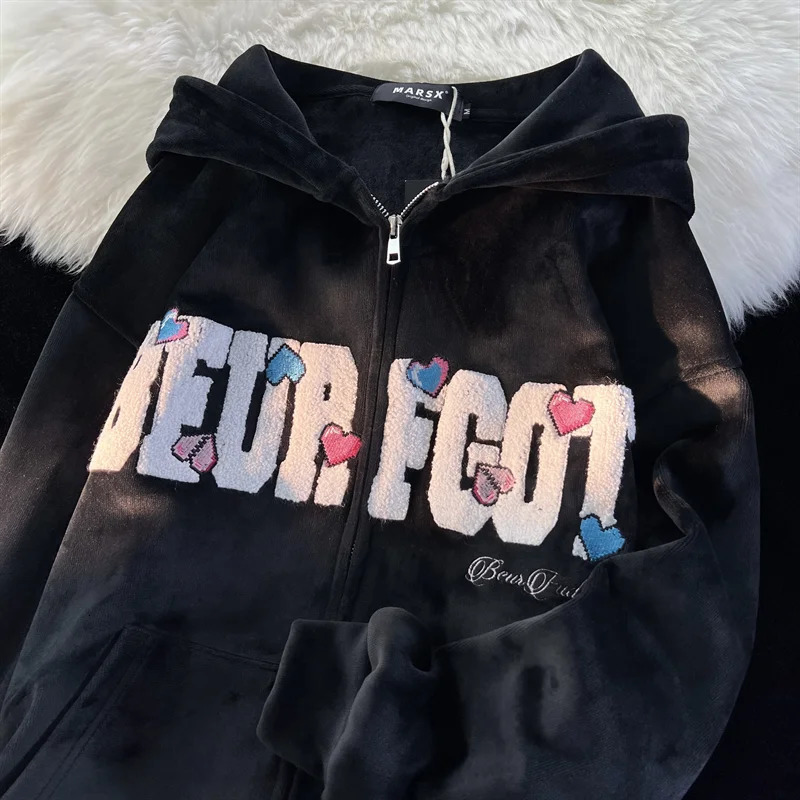 Pure cotton American embroidered hoodie men and women street trend casual sweatshirt Y2K oversized loose jacket top 240619