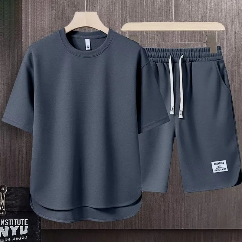 Mens Korean Fashion Two Piece Set Summer Short Sleeved T-shirt And Shorts Loose Sets Men Clothes Tracksuits 240615