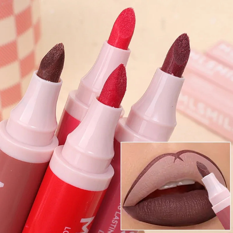 Contour Velvet Lip Liner Pen Double-ended Sexy Red Brown Nude Lipstick Pencil Long Lasting Non Sticky Cup Lips Makeup Cosmetics i240621