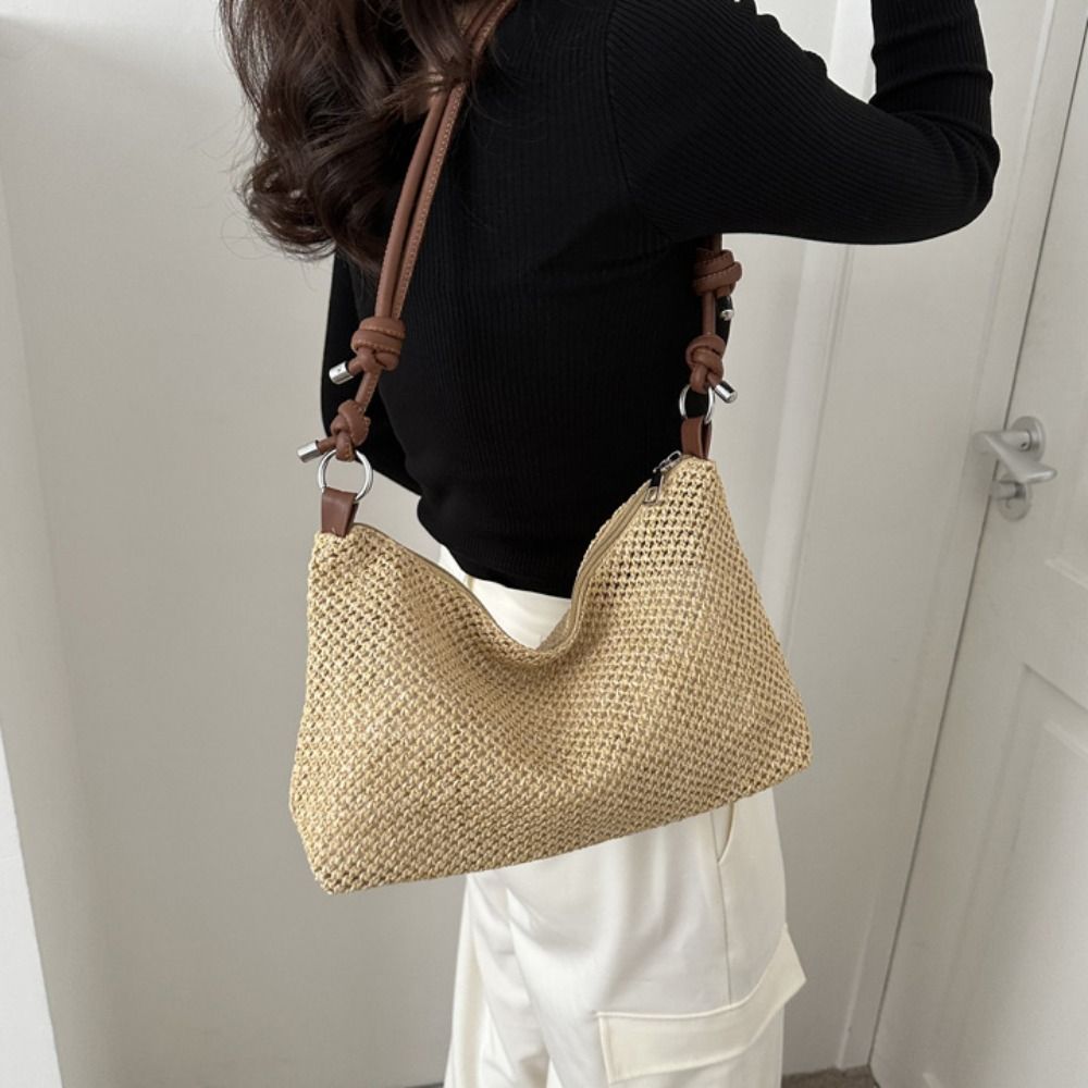 Large Capacity Straw Woven Crossbody Bag Adjustable Shoulder Strap Zipper Woven Handbag Handmade Bohemian Style
