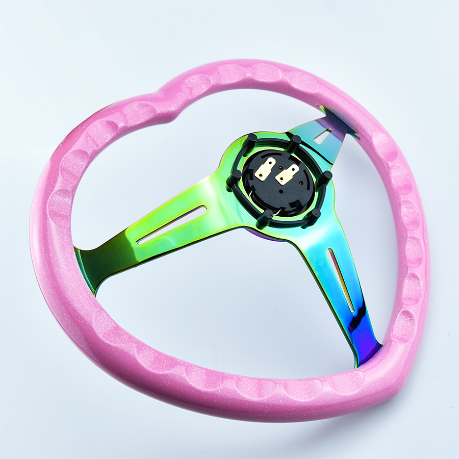 Pink Heart Shape JDM Drift Steering Wheel with Neo Chrome Frame and Heart Horn