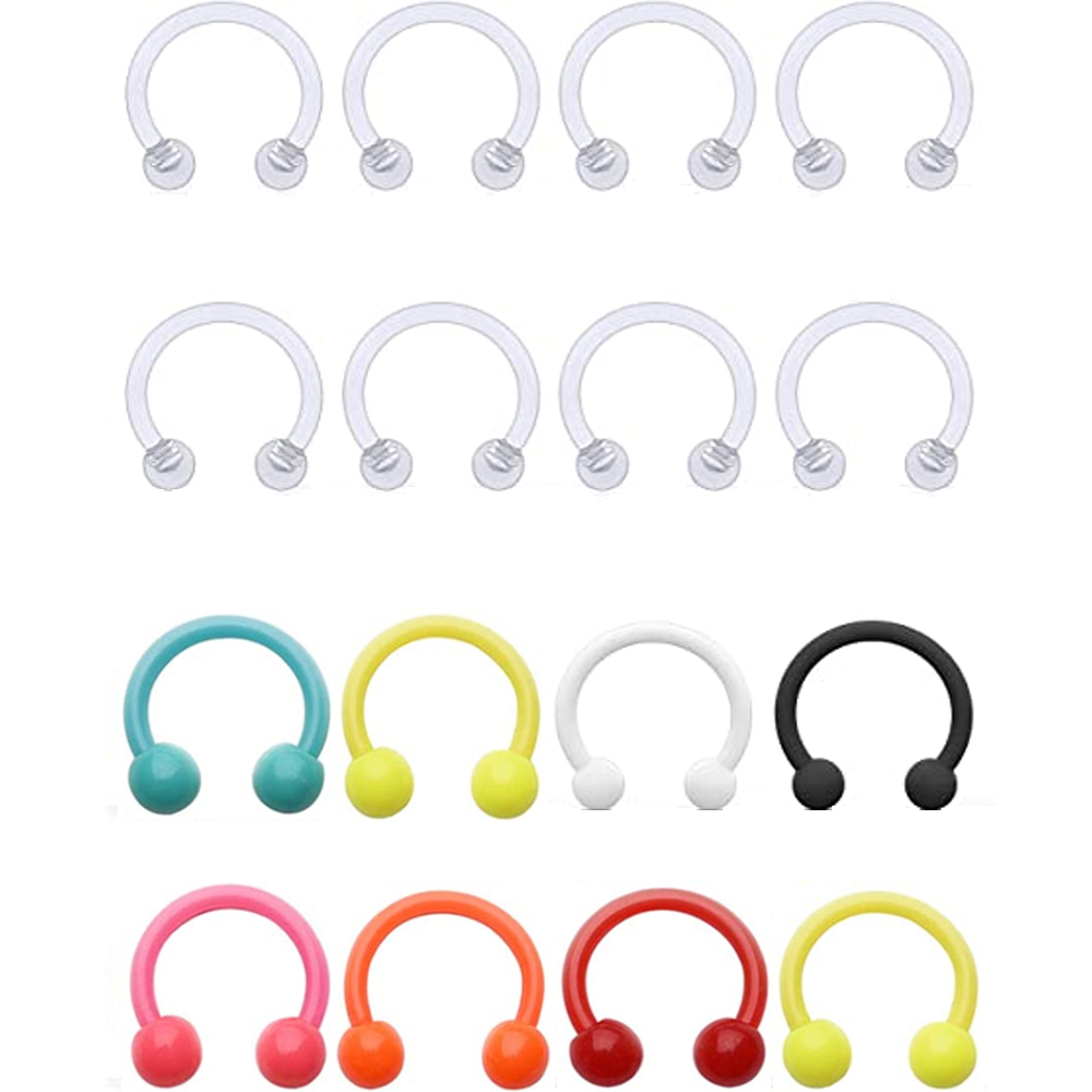 16PCS 16G Lip Rings Hoops Nose Septum Eyebrow Rings Clear Acrylic Cartilage Helix Piercing Horseshoe Barbell 8mm 10mm Colourful