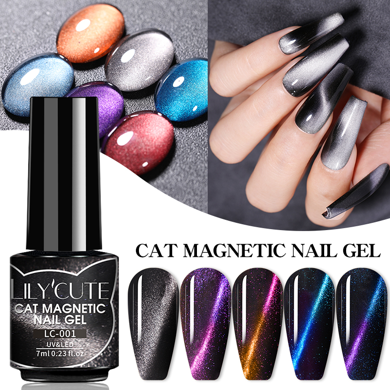 LILYCUTE ML D Reflective Cat Magnetic Gel Nail Polish Set With Magnet Stick Black Fluorescent Glitter 5