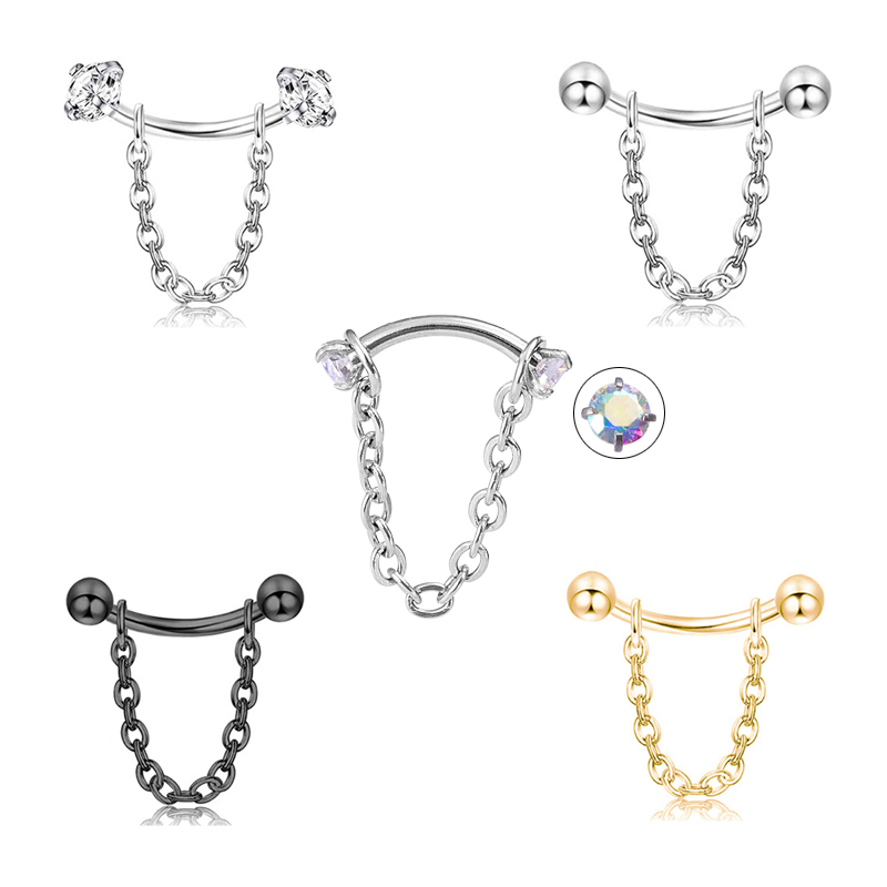 1pc 16G Chain Rook Earrings Daith Snug Eyebrow Piercing Rings Surgical Steel Curved Barbell Anti Tragus Forward Helix Jewelry