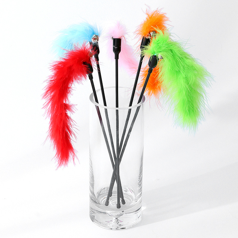 Funny Cat Stick Toys Solid Color Short Rod Feather Plush Tease Cat Stick With Bell Kitten Interactive Play Toys Pet Supplies