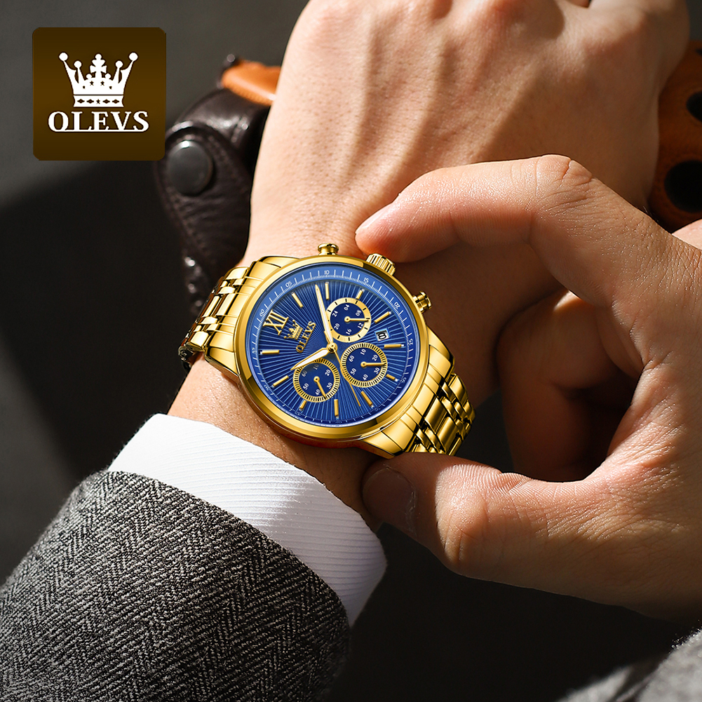 OLEVS Quartz Watch for Men TOP Brand Gold Wristwatch Three Small Dials Chronograph Date Men's Watches Original 2023 Trend New 68d97
