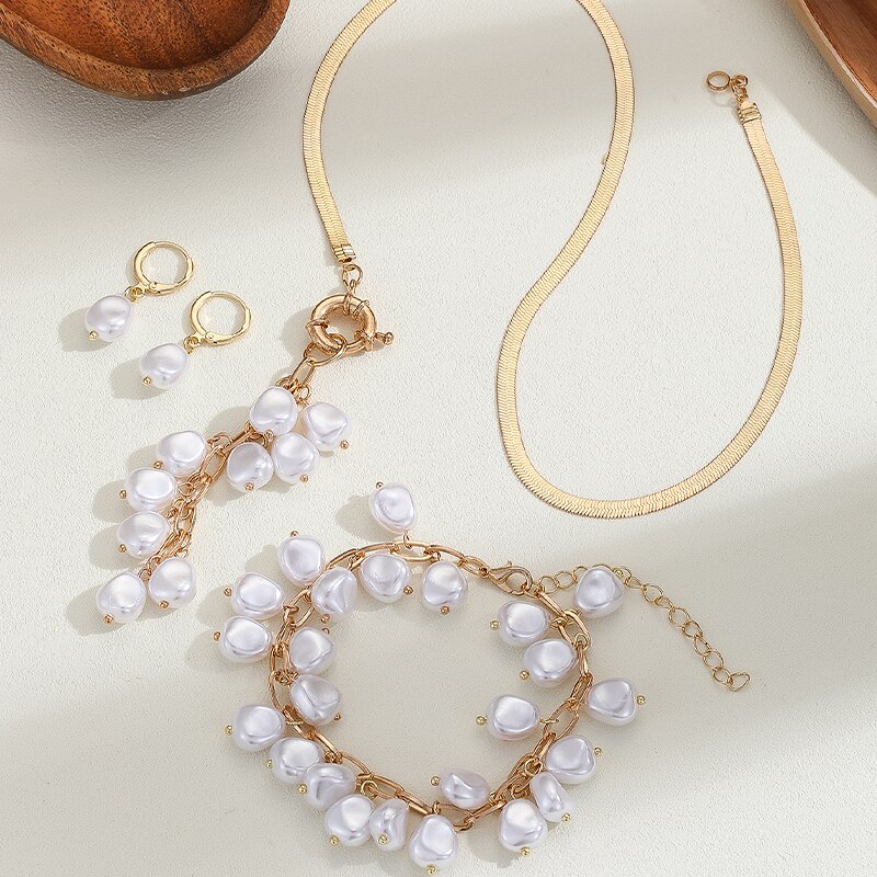 3PCS Vintage Imitation-Pearl Jewelry Set Korea Chain Choker Necklace Bracelet Hoop Earrings Woman Wed Bridal Jewelry Accessories 10b0b 5 3e9b3