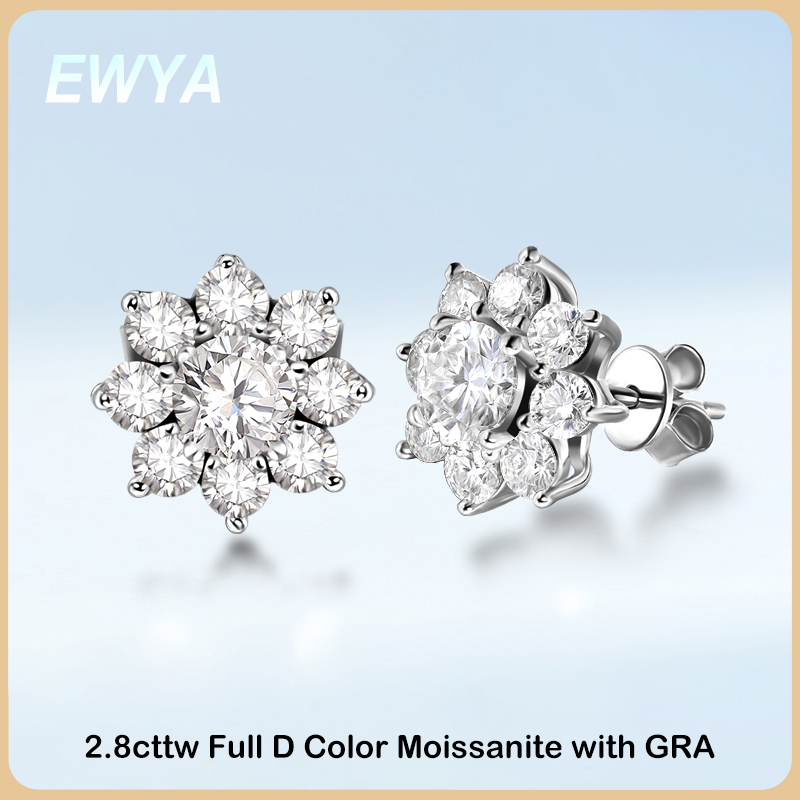 EWYA Suower Full D Color Moissanite Dia Stud Earrings with GRA for Women Party Fine Jewelry S Sterling Sier Earring a5a96