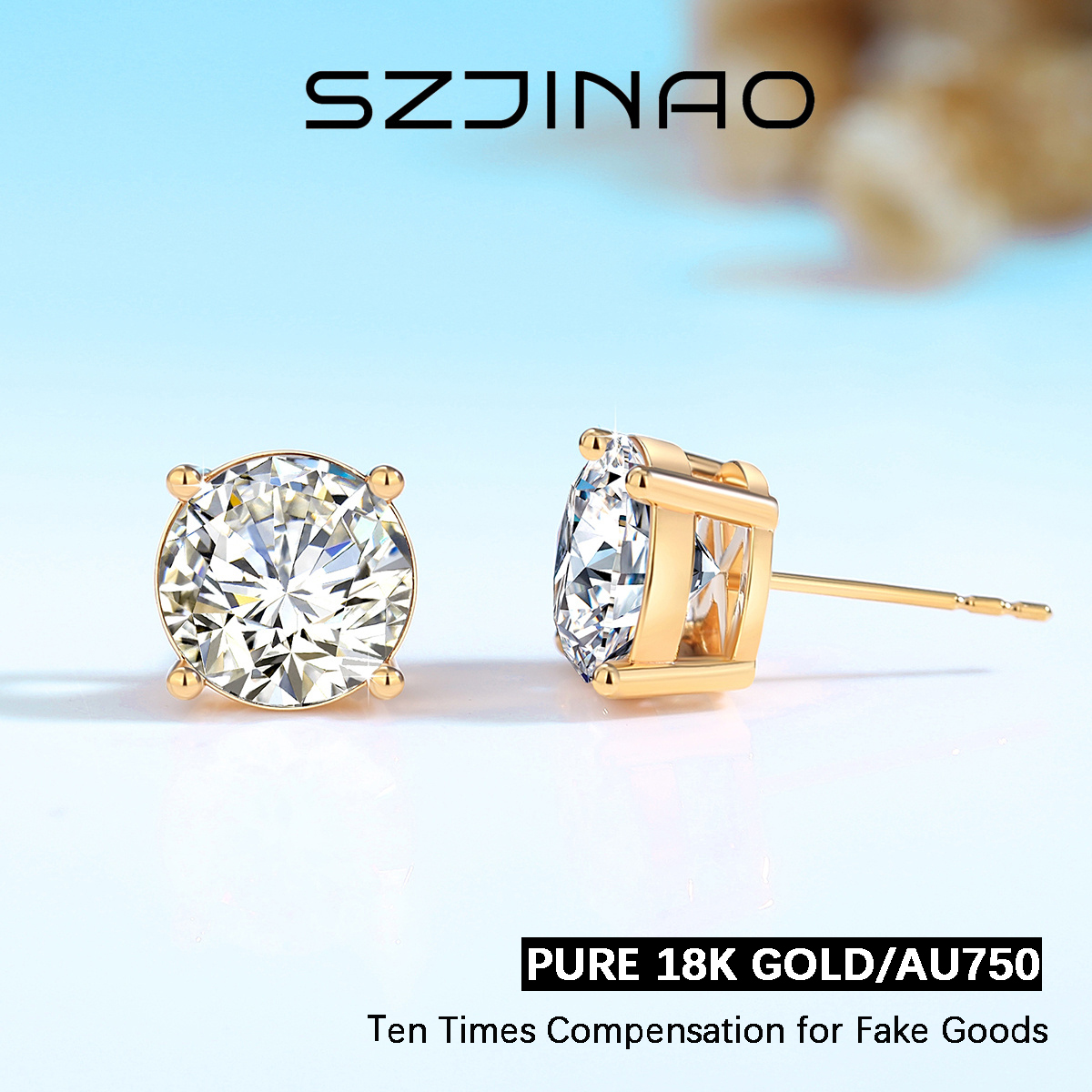 Yellow Szjinao Gold 1CT Moissanite stud earrings Brilliant Cutting Dia Earrings D VVS for Women Wedding Fine Jewelry smile